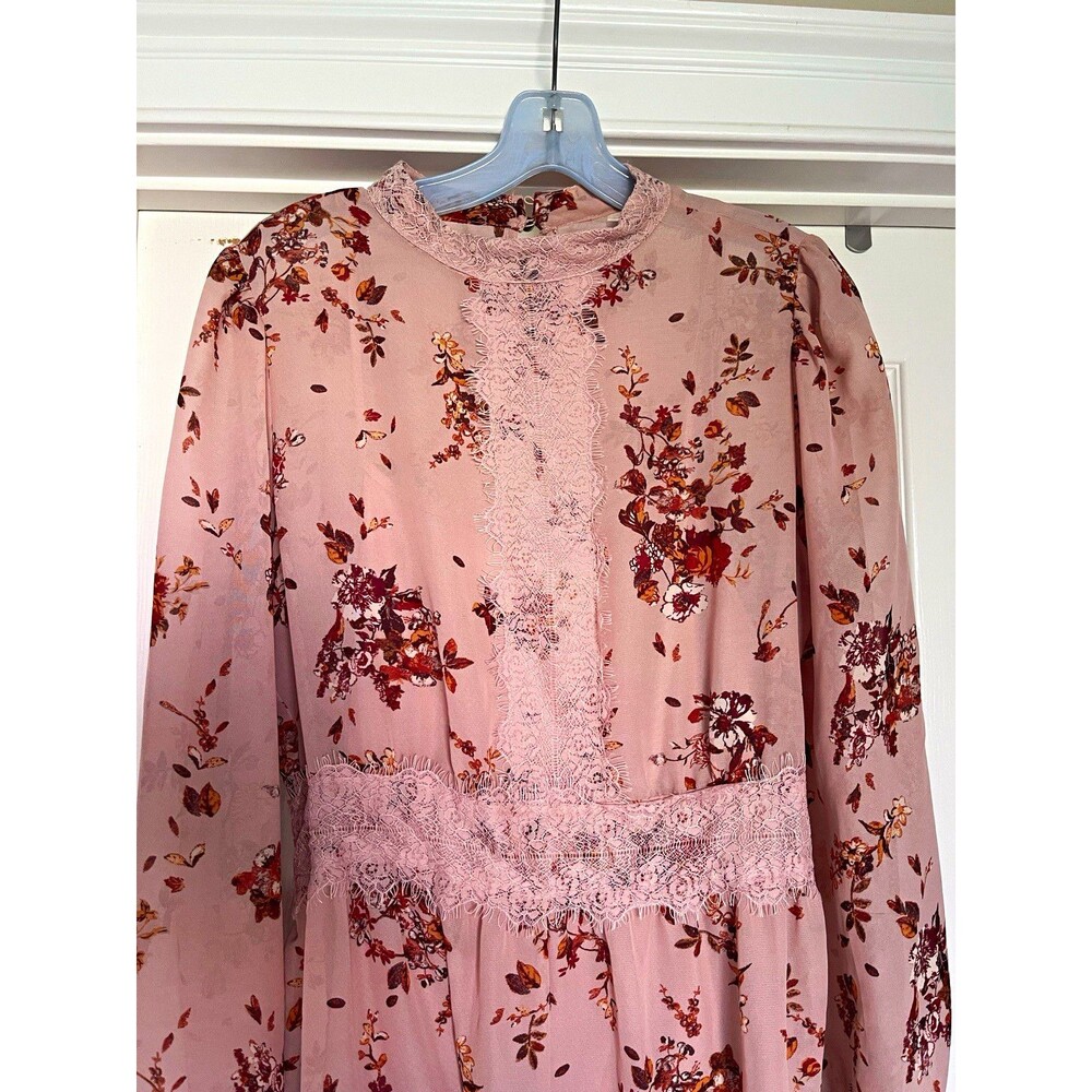 Women's Pink Floral Chiffon Lace Trim Crew Neck Wide-Leg Jumpsuit S